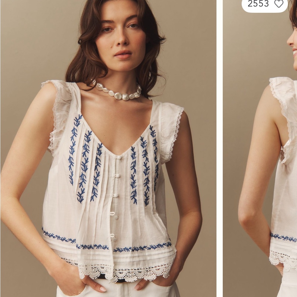 Maeve White Blouse with Blue Embroidery